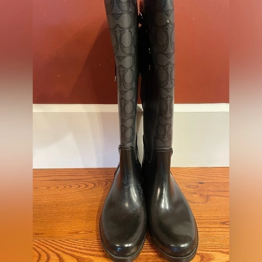 Authentic Coach Gray/Black Signature Outline “Tristee” Rain Boots